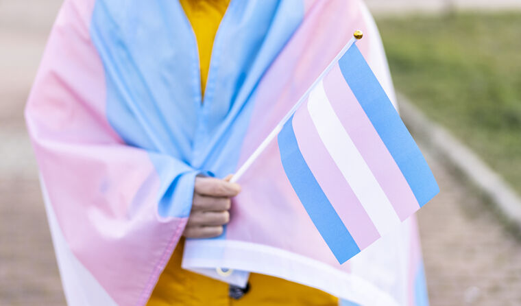 Person wrapped in transgender flag.