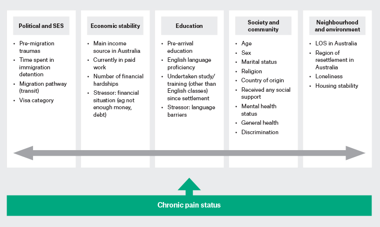 Figure 1. Chronic pain framework developed for analysis – conceptual framework for the social determinants of health in resettled refugee populations