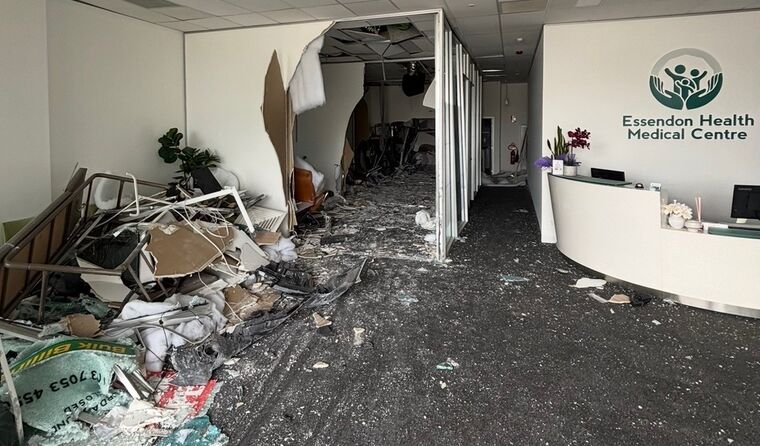 Badly damaged medical centre with holes in walls