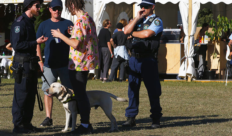Police interviewing man at festival.