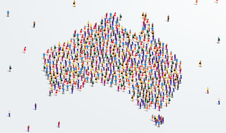 Many people forming a map of Australia