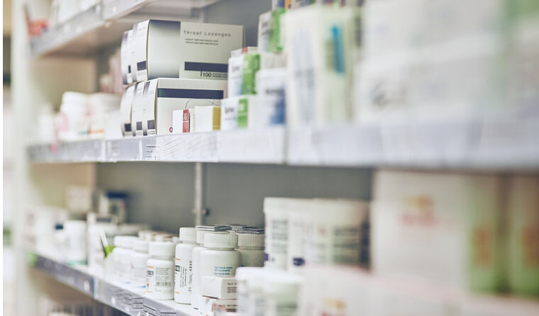 Pharmacy shelves of medication