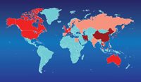 Coronavirus has spread to 32 countries and regions, with those coloured darker red most affected.