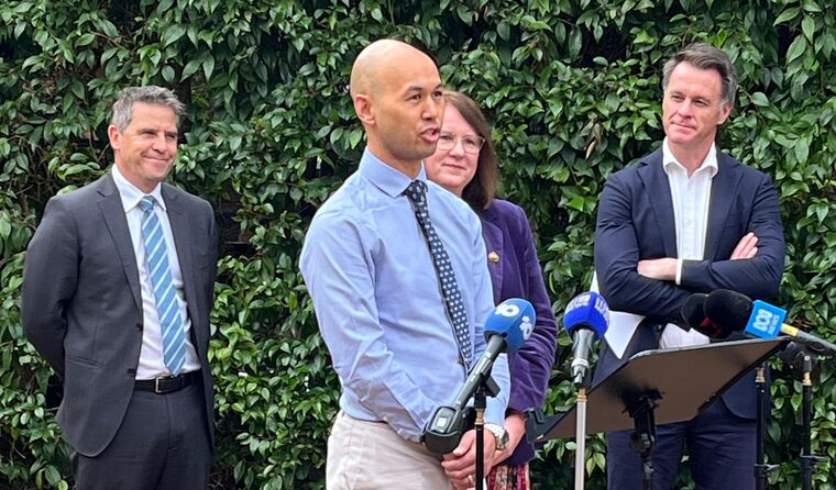 GPs in business shirts speak to a media group.