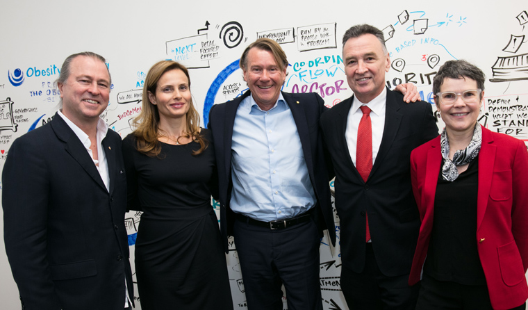 Dr Georgia Rigas, second from left, stands next to Professor Stephen Simpson, third from left, at the Obesity Australia Summit 2018. (Image: Rachel Fergus Sydney)