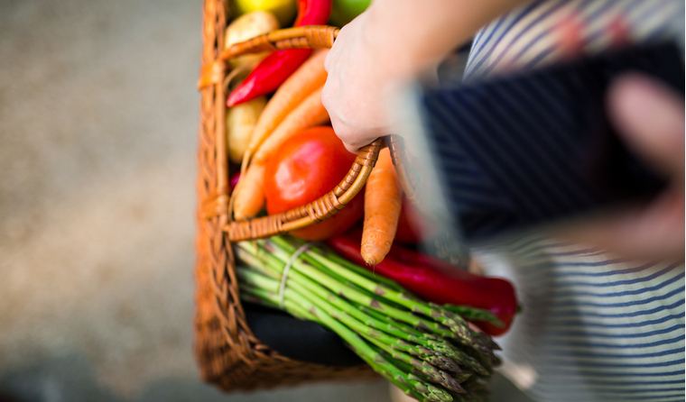 A basket full of fresh fruit and vegetables.