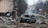 The world is watching as war engulfs Ukraine, including the intense shelling of Kharkiv, pictured above. (Image: AAP Photos)