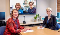 BRIGHT-YOD project leads Dr Wendy Kelso and Dr Sarah Farrand talk to social worker Jacinta Flood and neuropsychologist Dr Deborah Goff onscreen during a telehealth meeting.