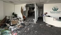 The path of destruction left at the Essendon Health Medical Centre. The edge of Dr Rafid Hamdan’s brown chair is visible, showing how narrowly he avoided being struck.