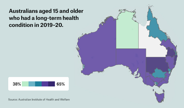 Map with rates of long-term health issues.