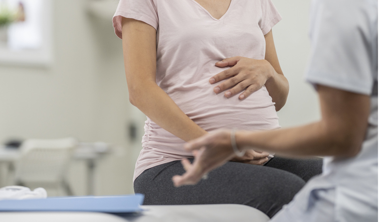 A pregnant woman speaking with her doctor.