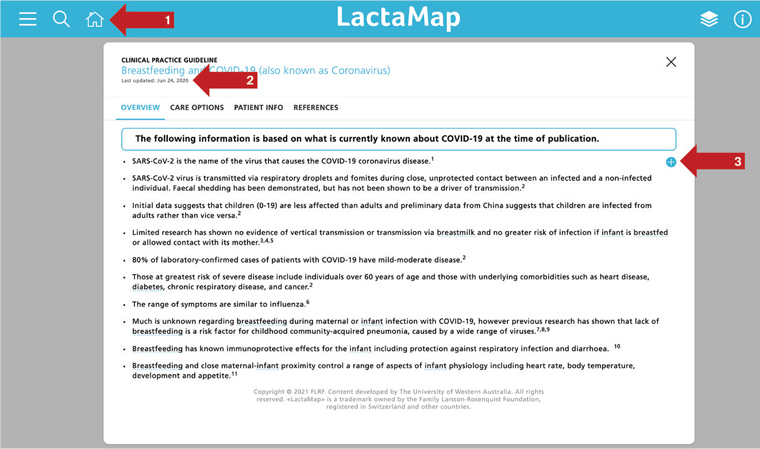 Figure 2. Examples of refinements made to LactaMap website, indicating: 1) home icon, 2) last updated date, and 3) icon that has been clicked to close image