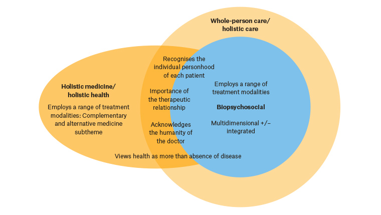 Figure 1. Literature review findings – The elements of whole person care, and its relationship to biopsychosocial and holistic care (diagram).