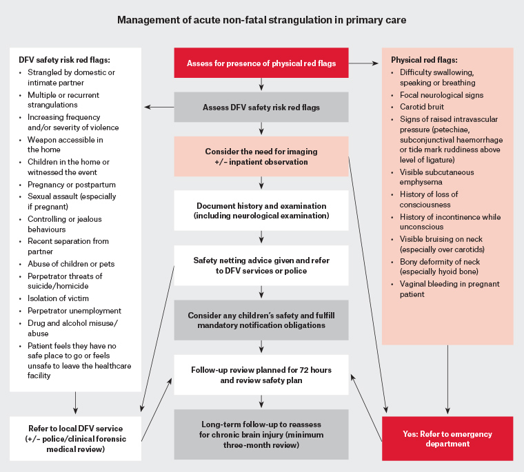 Figure 1. Management of acute non-fatal strangulation in primary care.