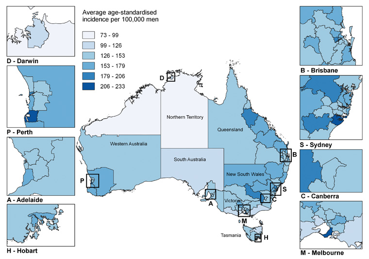 Figure 1. Average age-standardised prostate cancer incidence rate per 100,000 men by Statistical Area Level 4 regions between 2012 and 2016