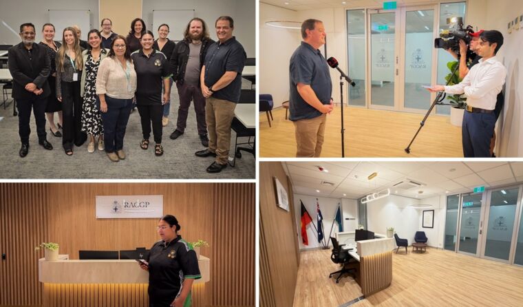 Several photos of people at a new office