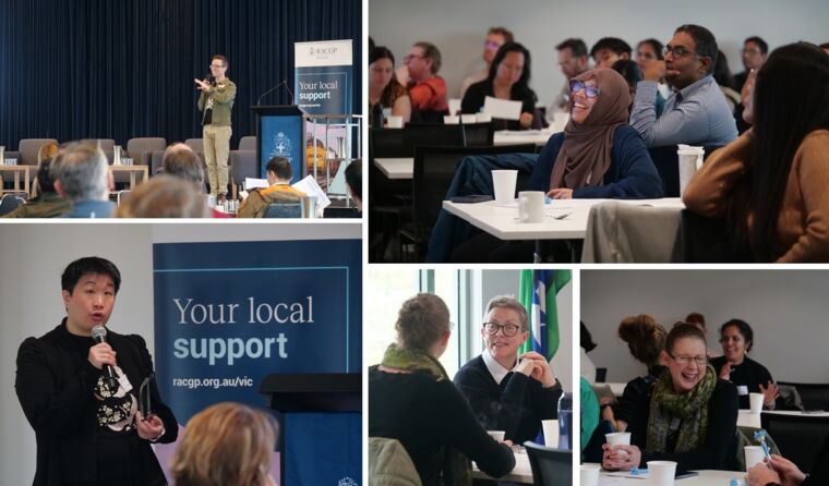 A collage of pictures of people at a conference.