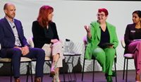 A picture of all speakers and host on stage.