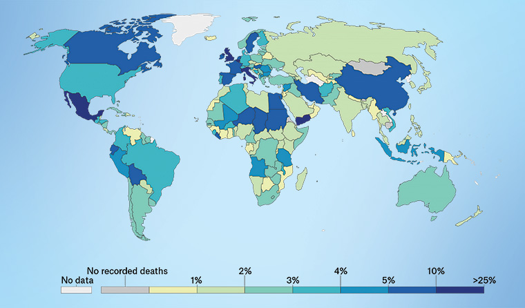 World map showing case fatality rates