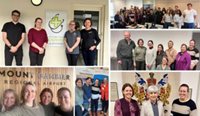A collage of photos of smiling groups of people.
