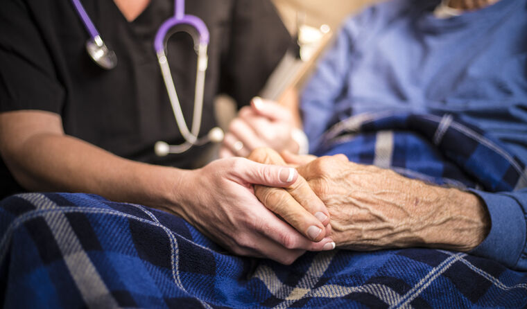 Young doctor holding elderly person's hands. 