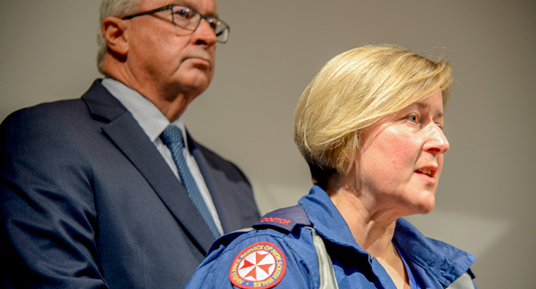 Medical retrieval staff specialist at NSW Ambulance Dr Sarah Coombes and NSW Health Minister Brad Hazzard (left) discussing an increased medical presence at festivals. (Image: Jeremy Piper)