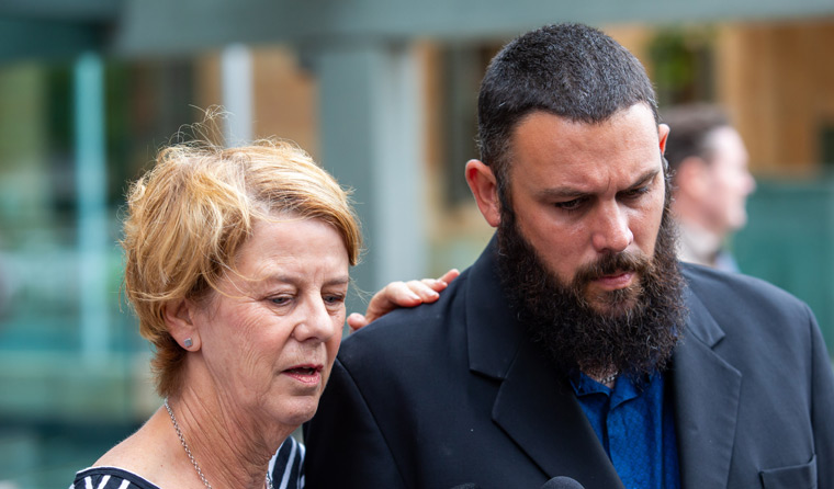 Barbara Spriggs and son Clive Spriggs speak to media after giving evidence at the Royal Commission into Aged Care. (Image: James Elsby) 