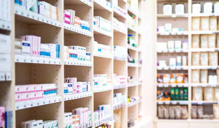 A pharmacy wall with drugs